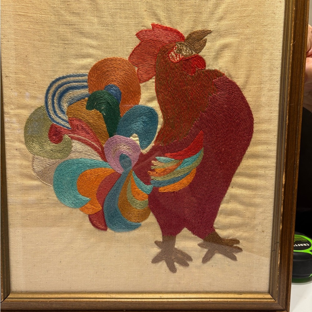Vintage Colorful Rooster Crewel Embroidery Art